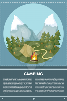Vector flat web banner on the theme of camping with a bonfire. Camping poster. Camping 
flat illustration. Camping. Summer poster of natural recreation.Vector Stock