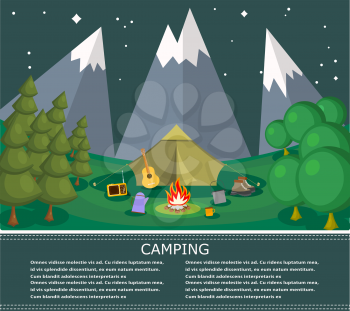 Vector flat banner on the theme of camping with a bonfire. Camping poster. Camping flat illustration. Camping. Summer poster of natural recreation. Vector Stock