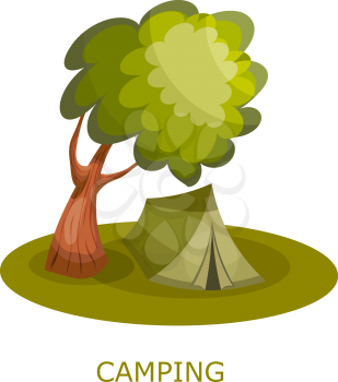 Green tourist tent under a tree. Forest Glade with tourist tent on a white background. Icon 
hiking. Icon camping. Illustration eco outdoor recreation. Stock vector