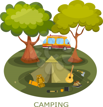 Camping among the trees in a forest glade. Tourist relaxing outdoors. Summer camping. Icon of outdoor recreation. Illustration of a summer camp in the forest. Equipment near the tent. Stock vector
