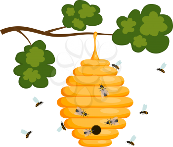 Yellow bee hive on a white background. Bee hive isolate. Stock Vector illustration of bee house with a circular entrance. Insect life in nature. Bees near the hive. Beehive in a tree branch.