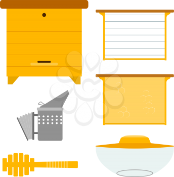 Set of objects for the production of honey. Items for the production of honey. Objects apiary: beehive frame with wax smoker mask. Vector symbols apiary. Stock vector