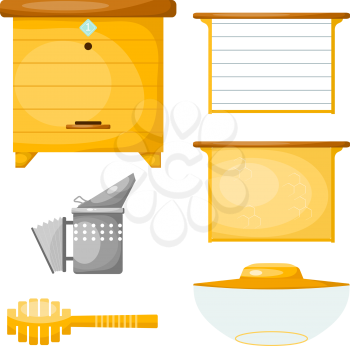 Set of objects for the production of honey. Items for the production of honey. Cartoon style. Objects apiary: beehive, frame with wax, smoker, mask. Vector symbols apiary. Stock vector