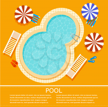 Yellow background with an oval swimming pool. Illustration pool to relax with umbrellas, sun beds and chairs. Advertising luxury vacation. Vector pool with clear water. Stock vector