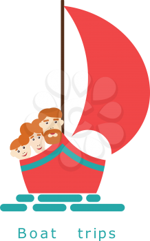 Family on a yacht at sea. Illustration boating family on a white background. Family walking 
on the sea yachts, boats and ships. Advertising marine tours and travel. Stock vector