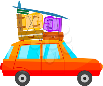 Cartoon red car with a lot of luggage on a white background. A car with surfboard, isolate. 
Icon summer vacation and travel. Sign vacations and tourism. Stock vector