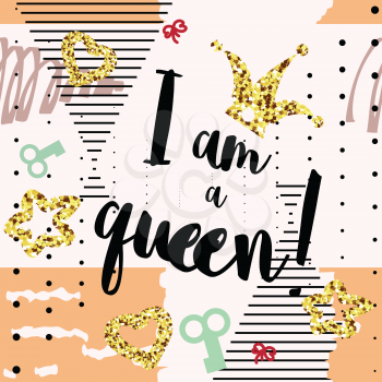 I QUEEN Memphis background. Memphis style Abstract colored background with the words 
I'm the queen. Illustration for print, design element. Stock vector