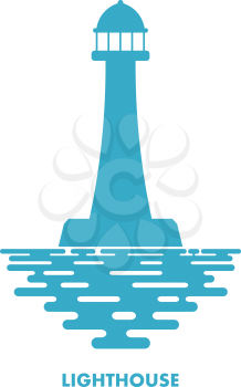 Blue lighthouse with waves on a white background. Icon lighthouse. Illustration of a 
lighthouse with the ocean waves - a sign of the marine club or community. Stock vector