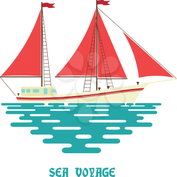 Sailing ship on a white background. Sailfish with red sail on the waves of the sea. Flat style. 
Color illustration of sea sailing ship on the water. Stock vector