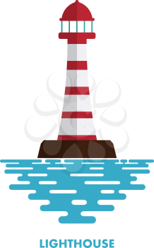 Colored lighthouse with waves on a white background. Icon lighthouse. Illustration of a lighthouse with the ocean waves - a sign of the marine club or community. Stock vector