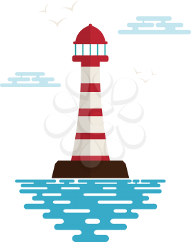 Lighthouse with waves, clouds and birds on a white background. Icon lighthouse. Illustration of a lighthouse with the ocean waves - a sign of the marine club or community. Stock vector