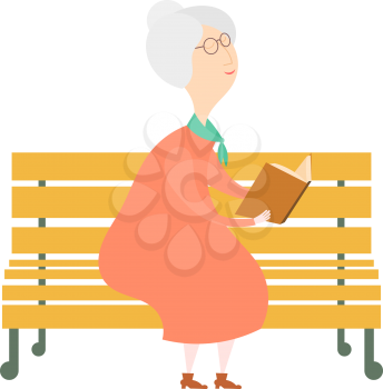 An elderly woman with a book on a bench. Old woman reading the book. Cartoon 
illustration of an old woman on the bench, Flete style. Stock vector