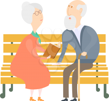 The old man and the old woman on a bench. The old lady old man reading a book on a park 
bench. Illustration of an elderly couple. Stock vector