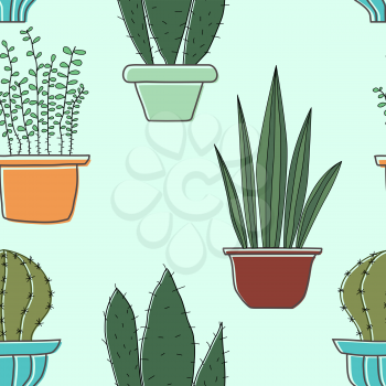 Seamless pattern with plants. Seamless vector pattern with cacti in pots. Texture for your 
design, wallpaper, fabrics. Stock vector