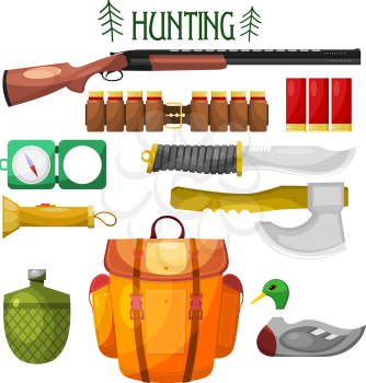 Hunting cartoon Icons. Set of vector cartoon icons of hunting. Illustration for hunting 
objects: knife, an ax, backpack, gun, compass, cartridge, flashlight, water bottle, bait. Stock vector