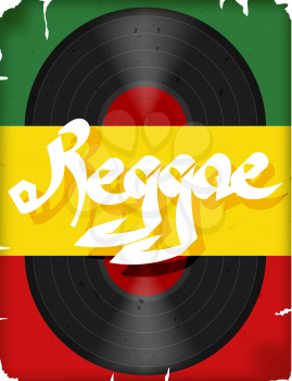 The record reggae music.Musical poster reggae.Vector illustration of a colored flag with the 
word reggae and grunge. Abstract illustration of reggae. Stock vector