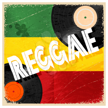 Vintage poster reggae. Rastaman color poster with the word reggae and record music. 
Abstract vector illustration of a music style reggae. Stock vector