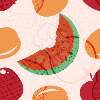 Seamless vector pattern with fruits and berries. Pear, watermelon, apple, pomegranate and 
apricot - seamless texture. Colored illustration for print, wallpaper, fabrics and paper. Stock 
vector