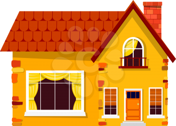 Yellow stone house on a white background. Country house with a red roof, windows, 
balcony and chimney. Element of design, advertising. Vector illustration, icon. Stock vector