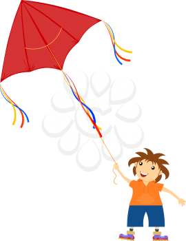 Little boy with a kite on a white background. Vector illustration a kite, and boy, isolate. Children's toy and a child. Stock vecto