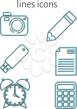 Linear icons. Set of linear trend icons: camera, pencil, calculator, flash card, document, 
alarm clock. Stock vector