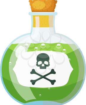 Glass bottle with cork stopper with a green liquid and a sign of skull and bones. The potion 
in a vial. Cartoon style. Stock vector illustration