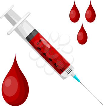 Syringe and a drop of blood on white background. Isolate. Disposable plastic syringe with a 
needle for injection and a drop of blood. Cartoon style. Stock vector illustration