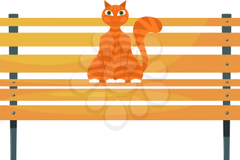 Red cat on the bench. Stock image of ginger tabby cat on a wooden park bench on a white 
background. Stock vector illustration