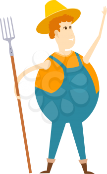 Cartoon farmer. Illustration of a cheerful farmer with a pitchfork on a white background. 
Stock vector illustration