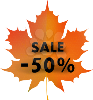 Red autumn maple leaf on a white background with a 50% sale. Concept of autumn 
discounts. Symbol trading in September. Stock vector illustration