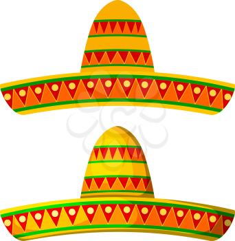 Two Colored Cartoon sombrero on a white background. Isolate. Wide-brimmed hat - element of the national Mexican clothing. Stock vector