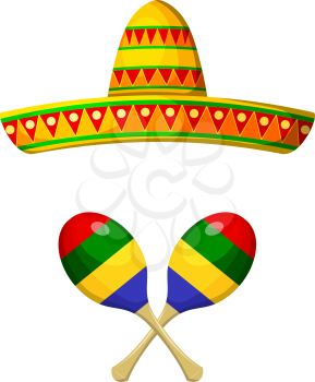 National Mexican sombrero and maracas on a white background. Objects of the festival. 
Isolate. Cartoon style. Stock vector illustration