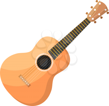 Classical acoustic wooden Cartoon guitar with strings on a white background. Isolate 
plucked musical instrument. Stock vector illustration