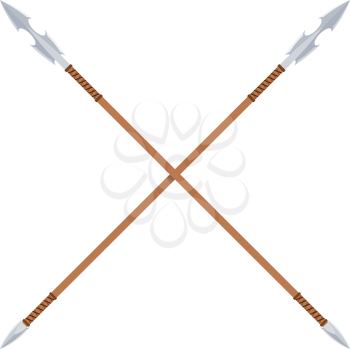 The ancient spear with a metal blade and a wooden handle on a white background. Flat 
style. The subject of hunting or war. Weapons of ancient man. Stock vector illustration