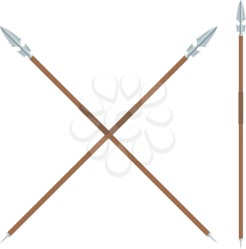 The ancient spear with a metal blade and a wooden handle on a white background.  The 
subject of hunting or war. Weapons of ancient man. Stock vector illustration