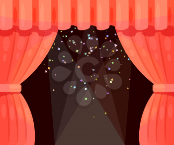 Vector Cartoon theater with open curtain and rays of spotlights, falling stars. Color 
illustration theater. Stock vector illustration