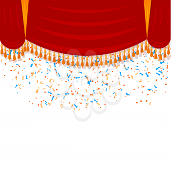 Horizontal red curtain with gold fringe and falling confetti. Theatrical scenery, harlequin. 
Open the curtain for a show at the theater. Stock vector illustration