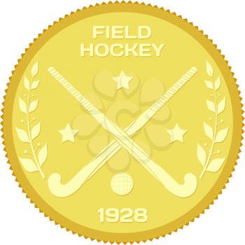 Gold medallion with sticks and ball for field hockey. Colored vector illustration of field hockey. Stock vector illustration