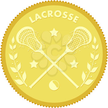 Gold medallion with the image of sticks and lacrosse ball. Colored vector illustration 
lacrosse sport. Stock vector illustration