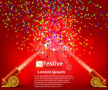 Bright festive red background with confetti and two firing cannons. Circus festival 
background. Stock vector illustration