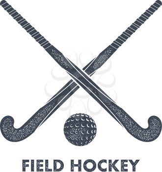 Two black silhouettes sticks for field hockey and ball on a white background with grunge 
texture. Vector illustration.