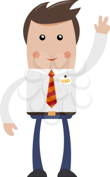 Businessman with VIP badge with raised hand and a sign of victory. Sleek style. Concept of a 
successful business. Stock vector illustration