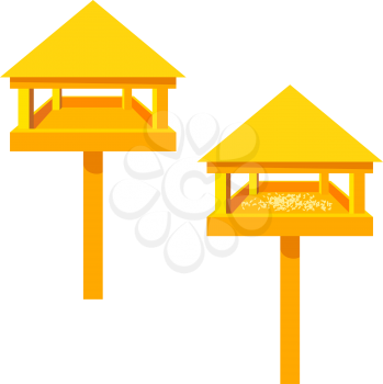Feeders for birds on a white background. Wooden feeder with a roof . Illustration of nature protection, care of animals and birds. Design element. Stock vector illustration