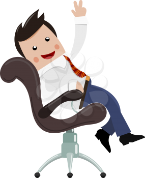 Satisfied businessman. Color image of a happy successful young businessman in a chair with his hand raised. Symbol of good luck and success in business. Stock vector illustration