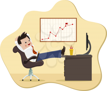 Satisfied businessman. Color image of a happy successful young businessman in a chair with 
feet on the computer desktop. Symbol of good luck and success in business. Stock vector 
illustration