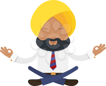 Businessman in a yellow turban on a white background. Indian businessman in the national 
yellow turban in the lotus position. Financial yoga, meditation. Stock vector