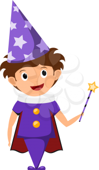 The little magician. A child in a purple suit and cap with stars with a magic wand in his 
hands. Illustration of children's performance, show. Cartoon style. The young actor, wizard.