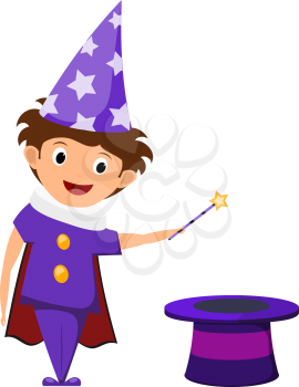 The little magician. A child in a purple suit and cap with stars with a magic wand in his hands 
and cylinder. Illustration of children's performance, show. Cartoon style. The young actor, wizard.