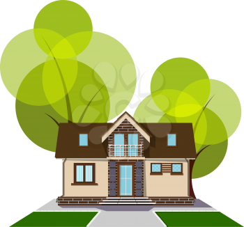 Beautiful small house with a loft, balcony and trees in the background. Building with an 
attic, track and grass lawn. Cozy rural house with a mezzanine. Stock vector illustration