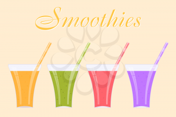 Set of glass jars with colorful smoothie on yellow background. Vector illustration of a natural 
healthy balanced diet. Food health, diet, beauty. Vector smoothies in flat style